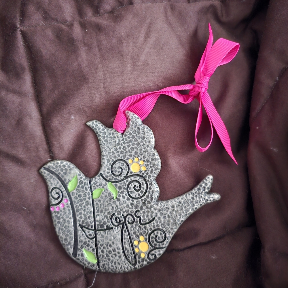 Decorative Dove "Hope" Ornament with Pink Ribbon